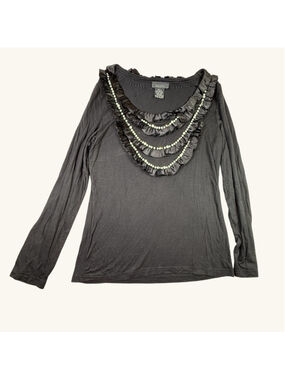 Dolcetti Black Ruffle Pearl Beaded Neckline Blouse Womens Size S Dressy Top